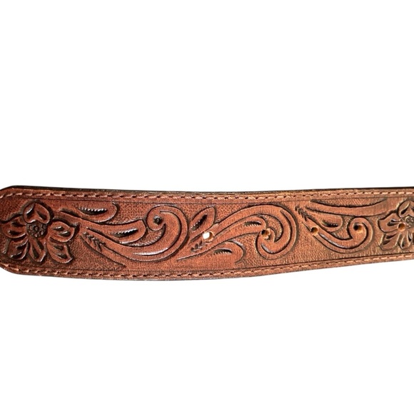 Hilason Genuine Leather Tooled Western Belt Size 36” Dk Brown Silver Buckle - Picture 5 of 6